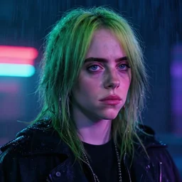 Billie Eilish close up film still from Blade Runner 2049, beautiful lighting, raining, neon lights, cinematic depth, ultra sharp