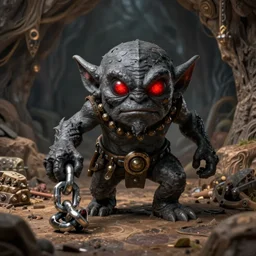 a highly detailed goblin with coal colored skin and red eyes that glow, in a cave, like magic the gathering, goblin chainwalker, digital art, by christopher rush
