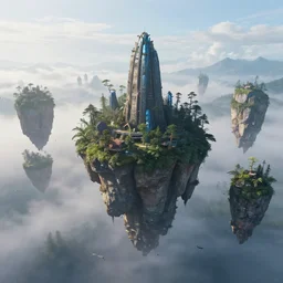 spectacular cinematic aerial view of floating islands like from pandora in avatar (2009), mist, fog, atmospheric, mid-day
