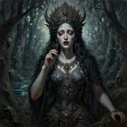 A cinematic gothic crying closeup portrait of the majestic colossal gothic Hindu demon goddess of sorrow, grief and crying, standing in the forest of misery by the sea of despair, by Paul Lehr, by Wayne Barlowe, by Bruce Pennington, by Zdzisław Beksiński, oil on canvas, masterpiece, trending on artstation, featured on pixiv, cinematic composition, astrophotography, dramatic pose, beautiful lighting, sharp, details, details, details, hyper-detailed, no frames, 8K