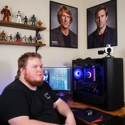 incel twitch streamer, portly with acne and neck beard, detailed photos of jordan peterson and ben shapiro on the wall of his mom's basement, gaming pc with bright leds on desk, shelf with star wars figurines, webcam of vlogger mic on stand, twitch feed