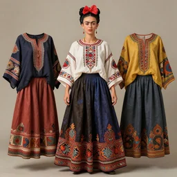 cloths on frida khalo style, high detailed intricate fashion clothing, cotton texture, silk colors, ultra realistic, octane render, volumetric lights, long, wide skirts, loose - fitting blouses, elaborate hairstyles, and intricate embroidery