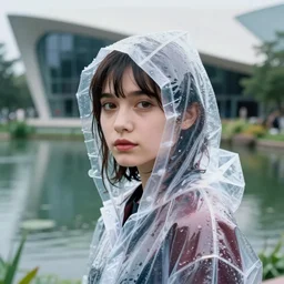 Kodak Portra 160, 8K, highly detailed, wachowski seinen manga 3/4 closeup portrait, eye contact, focus on clear transparent see through raincoat model, tilt shift zaha hadid style anime pond background: famous blade runner anime remake, pond scene