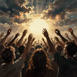 painting of a crowd with extended arms towards glowing sky, volumetric lighting, nasty, hyperdetailed, realistic