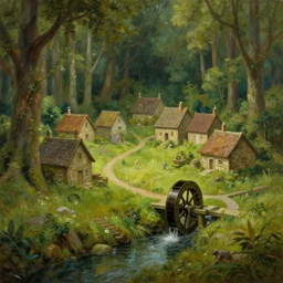 a small surreal serene fantasy village on the edge of the woods, small stream, water wheel, by alan lee, lord of the rings, smooth, detailed terrain, oil painting, matte painting, concept art, trending on artstation