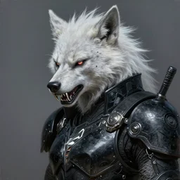 portrait painting of a cyberpunk werewolf warrior with white fur and silver fangs wearing black power armor, sharp focus, award - winning, trending on artstation, masterpiece, highly detailed, intricate. art by rebecca guay