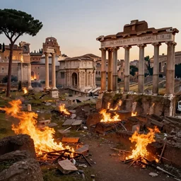 fires and rubble of roman buildings and mostly destroyed roman buildings after a raid, volumetric lighting, beautiful scenery, hd, hdr, cinematic 4k wallpaper, 8k, detailed, high resolution, artstation, early medieval, realistic, Rome, Roman Monuments