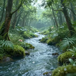 breath loving nature is a long river flowing in world of dew, and within every dew drop a world of struggle fantasy intricate elegant under, lush volumetric lighting 3 d modelling