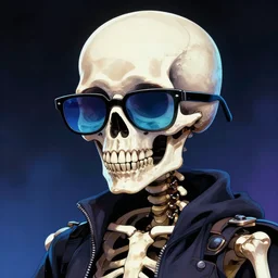 skeleton with cool glasses in glithcwave art style