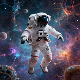 psychedelic astronaut letting go of reality and experiencing the quantum feild, matte painting comic book art, cinematic, highly detailed, realistic, beautiful cosmic neural network, octane render, unreal engine, depth of field, trending on artstation, sharp focus, philosophical splashes of colors