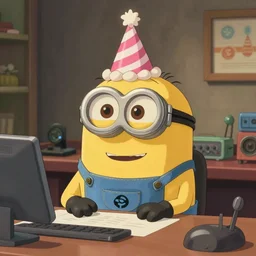 The latest art by studio ghibli, depicting a minion at a music producer's desk wearing a birthday hat