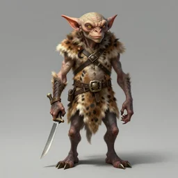 goblin trapper by beksinski, lanky humanoid with goblin head, wielding an ornamented knife, wearing animal skin as clothes, full body concept, beksinski, ruan jia, edward hooper