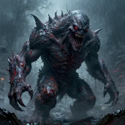 A terrifying giant monster made of paint, dramatic atmosphere, cinematic lighting, rain, masterpiece digital painting by Alex Grey, Greg Rutkowski, 4k wallpaper, artstation