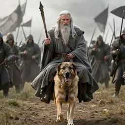 a movie scene of gandalf the white riding on a dog into battle, cinematic, 4 k, epic scene