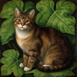 a reneissance painting of a maincoon cat among big green leaves, very detailed, in the style of mantegna