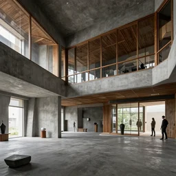 concept art of soviet brutalism interior with japan traditional interior, cocnrete, wood and glass, by le corbusier, ando tadao, edward hopper and victor enrich, octane redner, cryengine