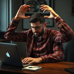 a man with four arms, hardly working on a laptop, hyperealistic, high detailed, 8 k