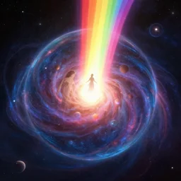 a god dissolving into a new universe and then folding itself into a sphere which becomes a rainbow beacon signalling the arrival of a new goddess, in the style of wlop, illustration, epic, fantasy, hyper detailed, smooth, unreal engine, sharp focus, ray tracing