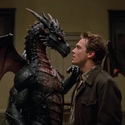 Anthromorphic dragon man in the American Psycho (2000), doing the Bateman stare, cinematic still, 4K Bluray