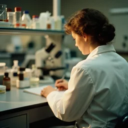 a 3 5 mm photo from the back of a woman wearing a white lab coat sitting at a bench in a laboratory, bokeh, canon 5 0 mm, cinematic lighting, dramatic, film, photography, golden hour, depth of field, award - winning, 3 5 mm film grain, retro, film, kodachrome, closeup