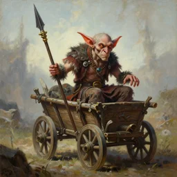 painting of goblin riding in a slapdash wooden cart holding a lance, fantasy art, magic : the gathering art, by diterlizzi