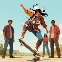 a native american woman doing a kickflip, in the style of artgerm and charlie bowater and atey ghailan and mike mignola, vibrant colors and hard shadows and strong rim light, epic lighting, comic cover art, plain background, trending on artstation, detailed