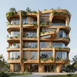futuristic timber building facade with wi dows and vegetation - h 9 6 0