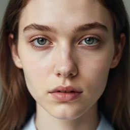 “ attractive thin beautiful brown hair young caucasian woman close up wearing shirt, soft, cute, modern style, 1 5 0 mm f 2. 8, extreme close up face shot, hasselblad, art, brian ingram, steve mccurry, high quality, symmetry, clear skin, 4 k, dramatic lighting, award winning ”