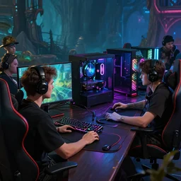 pro gamer valhalla, classic scene of valhalla but with gamer pc colours and aesthetic, artwork
