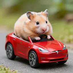 a hamster riding an RC Tesla toy car, macro, dslr