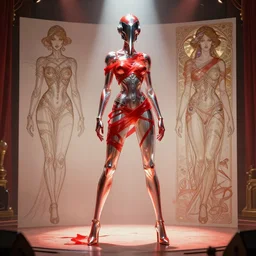 a full body character design by artgerm, cushart krenz, greg rutkowski and alphonse mucha. sci - fi dagger. red tape project show attctive showgirl!! full body with helmet!! sharp edge. ultra clear detailed. contour light effect!! 8 k. stage light. ultra detailed, elegant, intricate, octane render.