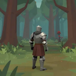 low poly render of knight standing a poison forest, third person game screenshot 2 0 1 1