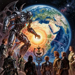 opening of the universe's 1 0 th dimension unlocking gravity and momentum, evil looking cyborg warrior approaching earth, sargent, leyendecker, greg hildebrandt, stephen bliss, intricate fantasy, greg rutkowski, loish, rhads, ferdinand knab, makoto shinkai, ilya kuvshinov, rossdraw
