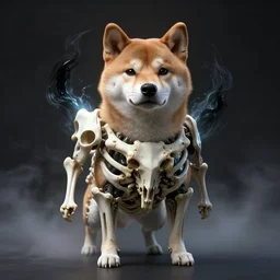 armor made of bones, anthropomorphic shiba inu, stuning 3 d render, masterpiece, glowing black aura, foggy dark, by donato giancola and greg rutkowski and wayne barlow and zdzisław beksinski, realistic face
