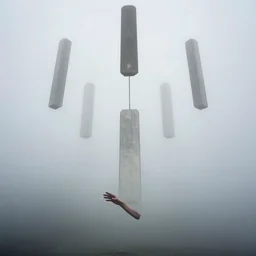 arm reaching out of thick fog, 6 stelae pointing down from the sky, not connected to the ground, zdzislaw beksinski