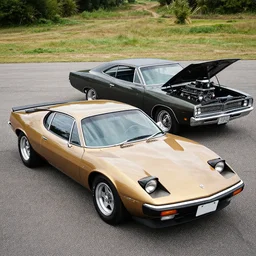 a single 1 9 7 6 lotus esprit and 1 9 6 9 dodge charger hybrid with a rocket engine in the trunk, dslr