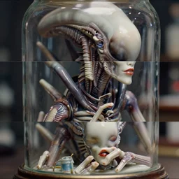 beautiful three point perspective film still of holly herndon xenomorph lab scene in aliens, extreme closeup 3 / 4 portrait in style of frontiers in blade runner miniature photography fashion architectural art studio edition, real - life porcelain statue in victorian glass jar, pursed lips, anatomically correct, tilt shift background, sharp focus, panavision, 8 k, macro, cinematic style
