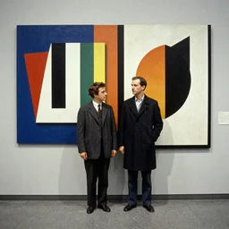 a couple of people standing next to each other neoplasticism a colorized photo colorized, photo taken with provia, movie still by László Moholy-Nagy flickr