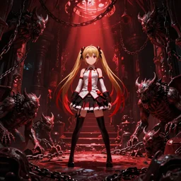 hatsune miku in a dark red dungeon surrounded by monsters, chains and devilish creatures sardonic dark atmosphere detailed scary horror