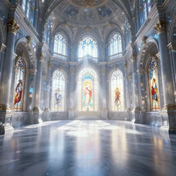 3 d game cg, empty hall of a crystal baroque palace, the sun shines through the stained glass. unreal engine, 4 k, god rays, alphonse mucha, greg rutkowski, james gurney, johannes voss, unreal engine, hyperdetailed, 4 k