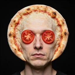 portrait of man with a rare facial deformity making the head a flat and circular disc, looking like a pizza, doughy skin with bakes crust like with flecked burnt spots, features that look like tomato slices, soft lighting, sharp focus, highly symmetrical, black background, masterpiece, case photo by joe mcnally