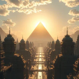 an futuristic solarpunk city with temples with a giant pyramid and bright sun rays 8 k highly detailed hyperornate by marc simonetti and caspar david friedrich, trending on artstation