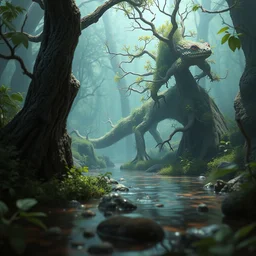 a small arboreal chemo - synthetic amphibian in a small poison river fantasy artwork epic detailed and intricate digital painting trending on artstation by wlop octane render