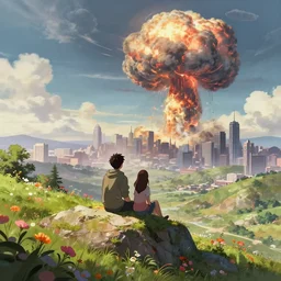 a couple sitting on top of a rock covered floral serene hillside watching a nuclear explosion in a distant city with skyscrapers, a detailed matte painting by filip hodas, apocalyptic sky, sharp focus, anime asthetic, cgsociety, fantasy art, cinematic, artstation hq, vfxfriday, dystopian art