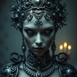 sleep time photorealistic, biomechanical, intricate details, hyper realistic, ornate headpiece, dark beauty, photorealistic, canon r 3, photography, wide shot, photography, dark beauty, symmetrical features