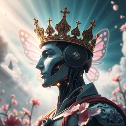 portrait of an ai robot king wearing a crown profile view portrait 4 k digital art, anime, two dimensional, looking to the side, butterfly wings, butterfly effect, flowers, trending on artstation, artstation, high detail, god rays, sunray, diffusion, disollution, portal to outer space, carvaggio, da vinci, deviantart, ilya kushinov