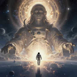 behold the eternal space god beyond all comprehension, dramatic composition, a tiny floating astronaut silhouette faces the giant great enormous space god in the void of space, fantasy sci-fi art concept art, great sci-fi artists, top sci-fi artists, artstation, conceptartworld, pixiv, surreal digital painting, elegant and intricate and cinematic composition, dramatic lighting