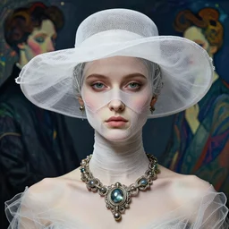 a beautiful futuristic portrait with hat made by wires and white gauze twisted around her face, necklace made by wires, design by leonardo davinci, inspired by egon schiele, modern art, baroque art jewelry, new classic, hyper realistic, cinematic composition, cinematic lighting, fashion design, concept art, hdri, 4 k -