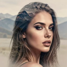 realistic tattoo idea of a beautiful woman face double exposure with a mountain scenery