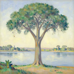a tree of life on the nile river, bright hazy day, pastel painting by mikalojus konstantinas ciurlionis and edward lear